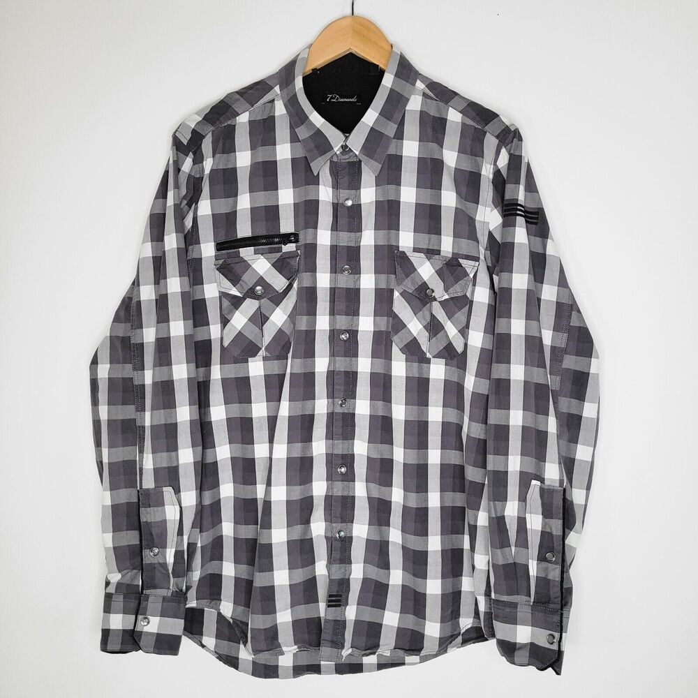 7 DIAMONDS Black and White Plaid Size XL Cotton Pearl Snap Buttons